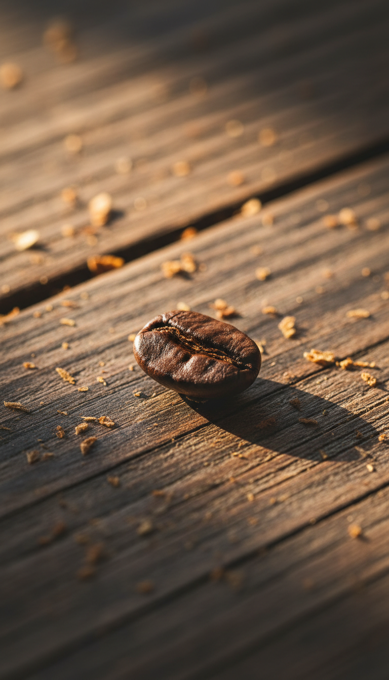 A close-up of a glossy, deep brown coffee bean resting on a rustic, wooden surface sprinkled with tiny fragments of chaff, showcasing rich natural texture and intricate details of the bean’s slightly oily surface. Sunlight streams in from the side, casting gentle, warm highlights across the bean and creating soft, natural shadows across the wooden background. The image is composed from a slightly elevated angle, with a shallow depth of field that blurs the background while keeping the bean in razor-sharp focus. The mood is calm, inviting, and premium, evoking a sense of quality and care. The artistic style leans toward photographic realism with warm, earthy tones and a clean, modern composition that reflects the site’s premium, ethical identity.