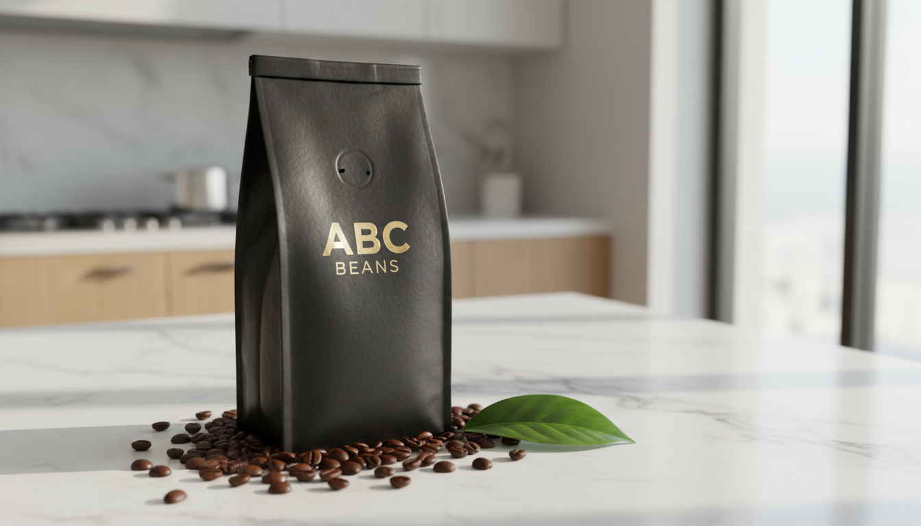 An elegant matte-black coffee bag with the ABC Beans logo embossed in subtle gold foil, standing upright on a clean, white marble counter. Coffee beans are artfully scattered and a single green coffee leaf rests beside the bag, adding a touch of organic vibrancy. Soft natural daylight illuminates the scene from a large unseen window, creating crisp highlights and faint, delicate shadows that highlight the contours of the packaging. Captured at eye level, the composition uses the rule of thirds to position the bag slightly off-center, maintaining a minimalist and upscale aesthetic. The mood is fresh and aspirational, aligning with the brand’s premium, ethical positioning.