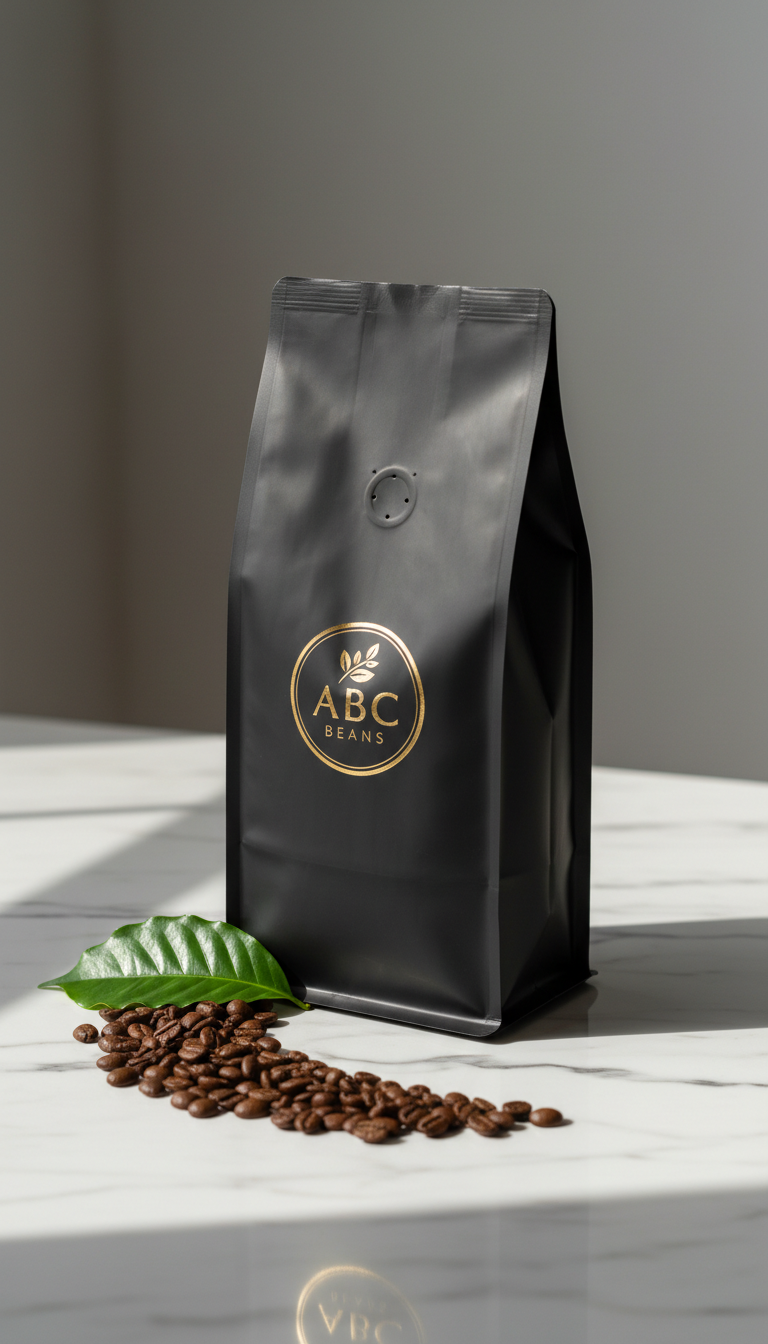 An elegant matte-black coffee bag with the ABC Beans logo embossed in subtle gold foil, standing upright on a clean, white marble counter. Coffee beans are artfully scattered and a single green coffee leaf rests beside the bag, adding a touch of organic vibrancy. Soft natural daylight illuminates the scene from a large unseen window, creating crisp highlights and faint, delicate shadows that highlight the contours of the packaging. Captured at eye level, the composition uses the rule of thirds to position the bag slightly off-center, maintaining a minimalist and upscale aesthetic. The mood is fresh and aspirational, aligning with the brand’s premium, ethical positioning.