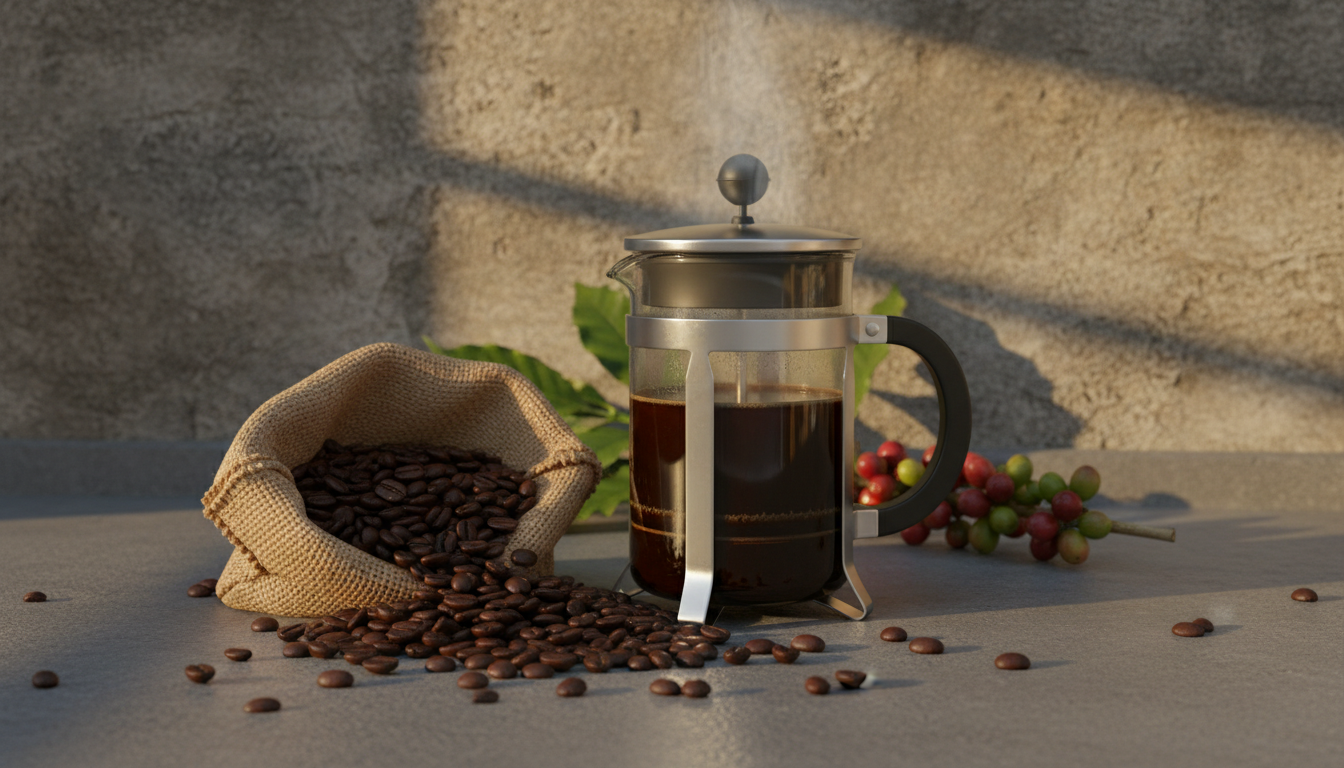 A steaming glass French press filled with dark, freshly brewed coffee, positioned beside an open, burlap sack spilling premium beans onto a slate-grey countertop. Behind, a small cluster of green coffee branches with red cherries leans against a textured stone backsplash. Late-afternoon golden light filters in from the right, casting warm highlights on the glass and soft, dynamic shadows on the stone. Shot from a three-quarter angle, the composition brings forward a sense of authentic, farm-to-cup journey in a modern, rustic-organic style. The mood is cozy, sophisticated, and trustworthy, highlighting transparency and quality sourcing.