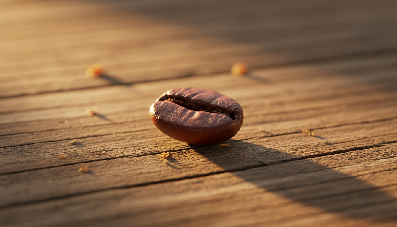 A close-up of a glossy, deep brown coffee bean resting on a rustic, wooden surface sprinkled with tiny fragments of chaff, showcasing rich natural texture and intricate details of the bean’s slightly oily surface. Sunlight streams in from the side, casting gentle, warm highlights across the bean and creating soft, natural shadows across the wooden background. The image is composed from a slightly elevated angle, with a shallow depth of field that blurs the background while keeping the bean in razor-sharp focus. The mood is calm, inviting, and premium, evoking a sense of quality and care. The artistic style leans toward photographic realism with warm, earthy tones and a clean, modern composition that reflects the site’s premium, ethical identity.
