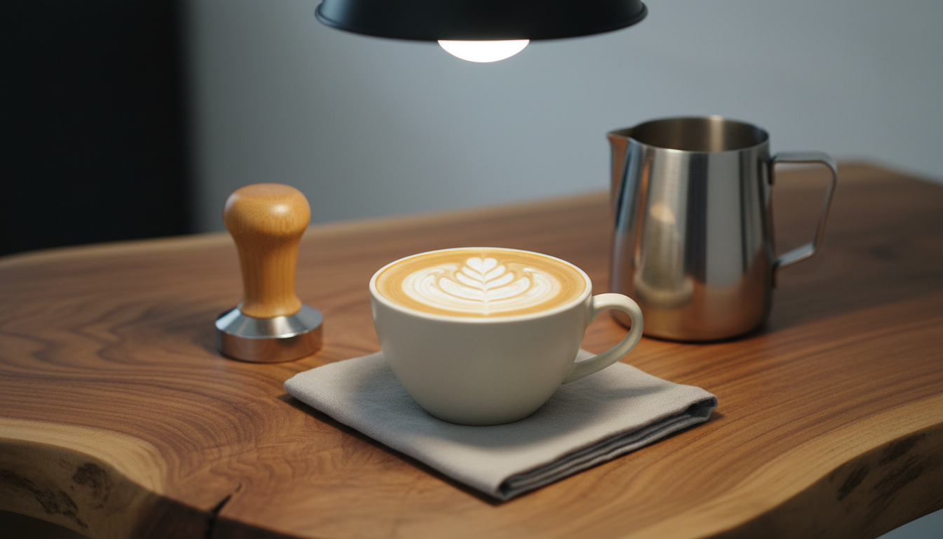 A close-up of a latte art rosette in a simple, matte off-white ceramic cup, surrounded by a tidy arrangement of polished coffee accessories—bamboo-handled tamper, stainless steel milk pitcher, and a neatly folded linen napkin. All rest atop a natural-edge live wood slab table that adds warmth through its rich grains. Soft pendant lighting above casts a gentle, even glow, highlighting the delicate foam pattern and subtly reflecting off the ceramic and metal tools. Composition uses centered framing and a shallow depth of field to emphasize craftsmanship and tidiness, with a modern, minimalistic aesthetic that communicates care and connection to the craft.