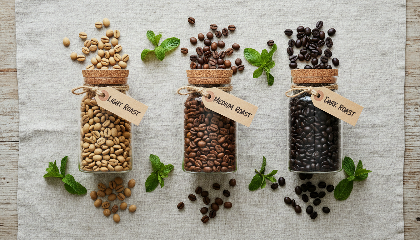 A beautifully arranged flat lay of three glass jars containing light, medium, and dark roasted beans, each jar topped with a cork lid and labeled with hand-written tags. The jars rest on a neutral linen cloth atop a lightly distressed wooden table, with scattered beans and a sprig of fresh mint between them for a pop of color. Soft overcast lighting diffuses evenly from above, reducing harsh shadows and creating a serene, balanced atmosphere. The image is captured from a top-down, bird’s eye perspective using clean, modern composition and crisp focus throughout. This scene reflects attention to sourcing, variety, and artisanal care, supporting the site’s ethos.